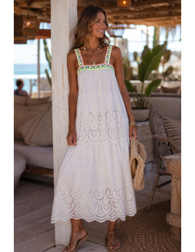 Vestido Blanco Bordado con Tirantes Flúor