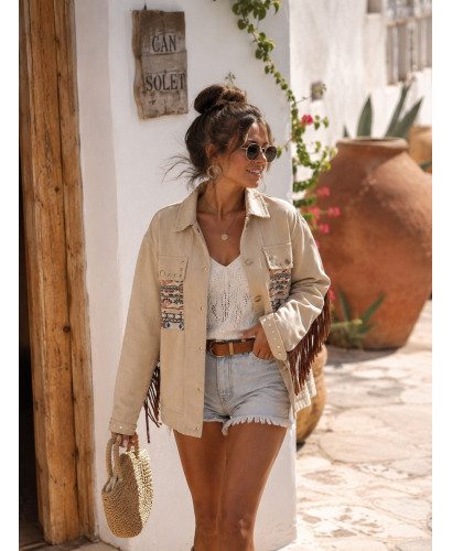 Cazadora Denim Bordada Flecos Ivory 2