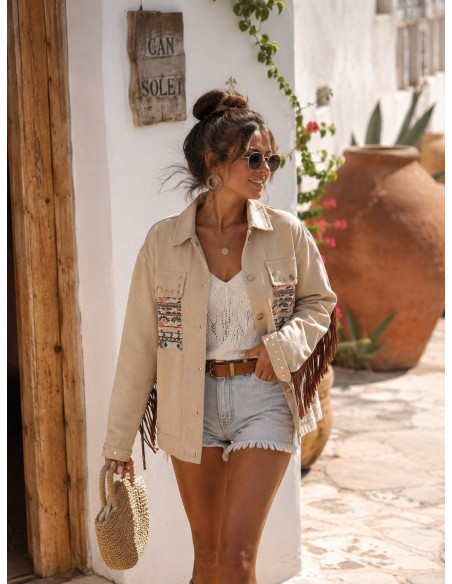 Cazadora Denim Bordada Flecos Ivory