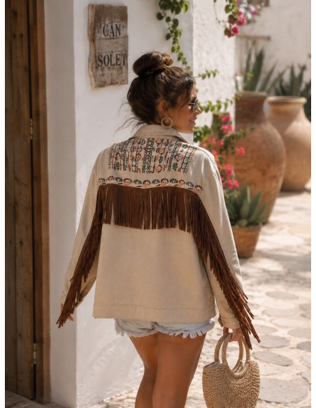 Cazadora Denim Bordada Flecos Ivory