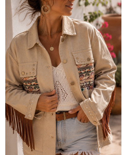 Cazadora Denim Bordada Flecos Ivory