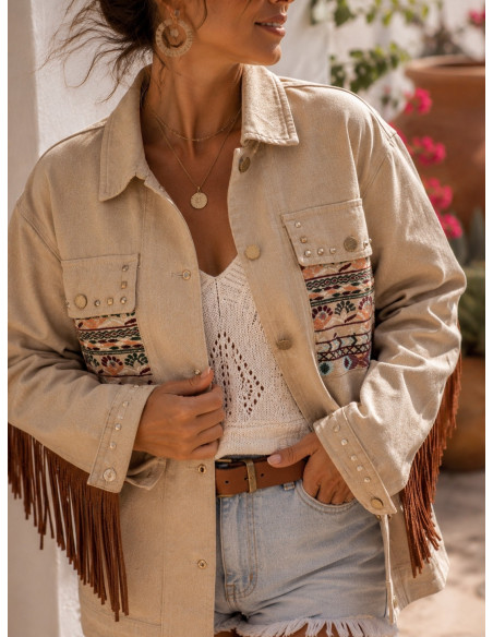 Cazadora Denim Bordada Flecos Ivory