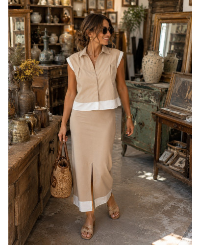 Conjunto de Falda Midi y Top Beige con Detalles Blancos 2