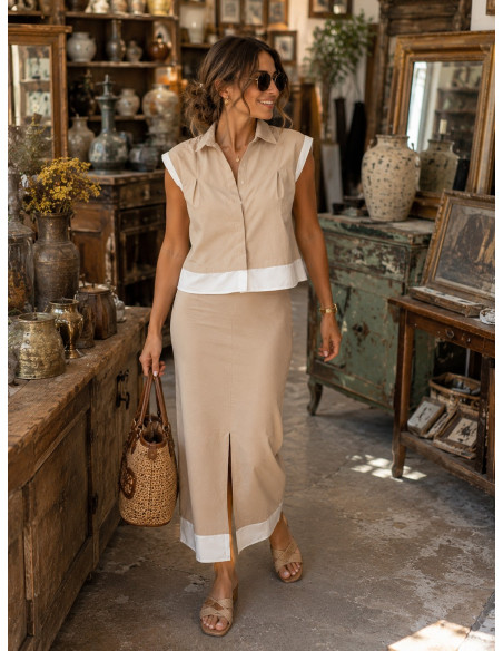 Conjunto de Falda Midi y Top Beige con Detalles Blancos
