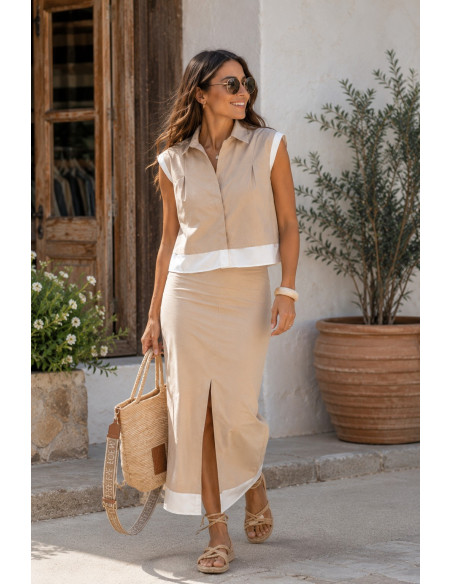 Conjunto de Falda Midi y Top Beige con Detalles Blancos