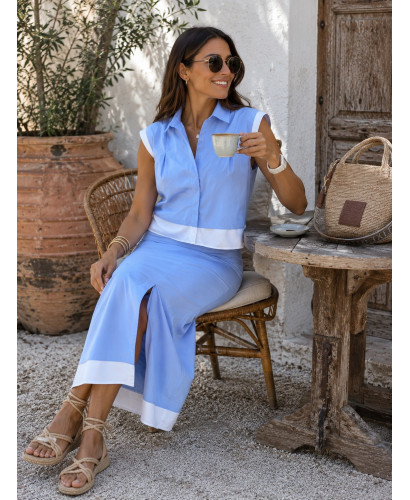Conjunto de Falda Midi y Top celeste con Detalles Blancos 2