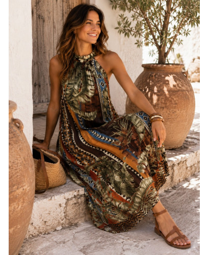 Vestido halter plisado estampado marrones