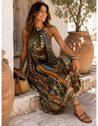 Vestido halter plisado estampado marrones