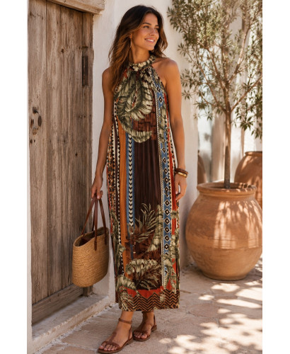 Vestido halter plisado estampado marrones 2