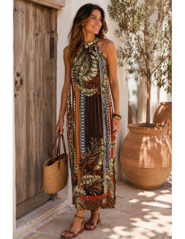 Vestido halter plisado estampado marrones