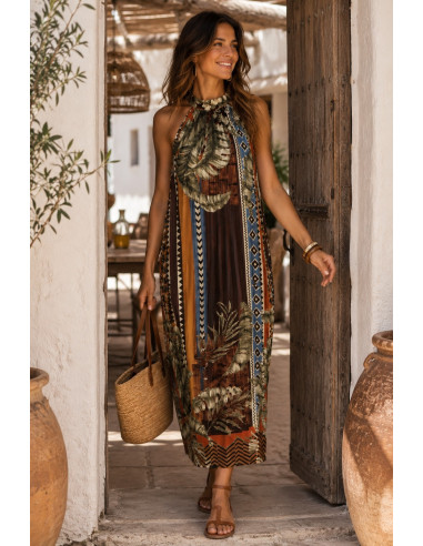 Vestido halter plisado estampado marrones