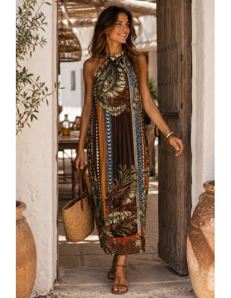 Vestido halter plisado estampado marrones