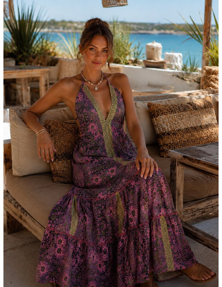 Vestido largo de seda estampado con espalda descubierta y cuello halter