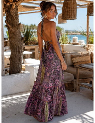 Vestido largo de seda estampado con espalda...
