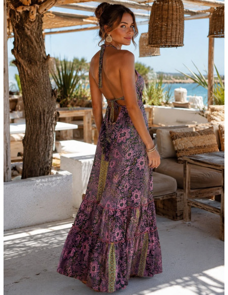 Vestido largo de seda estampado con espalda descubierta y cuello halter