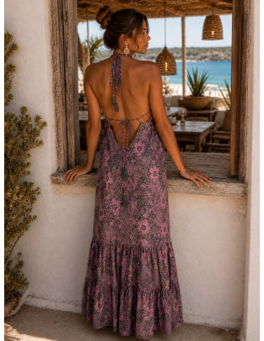 Vestido largo de seda estampado con espalda...