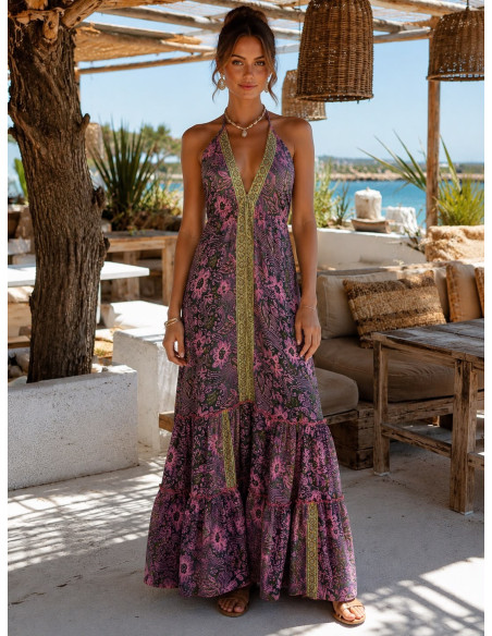 Vestido largo de seda estampado con espalda descubierta y cuello halter