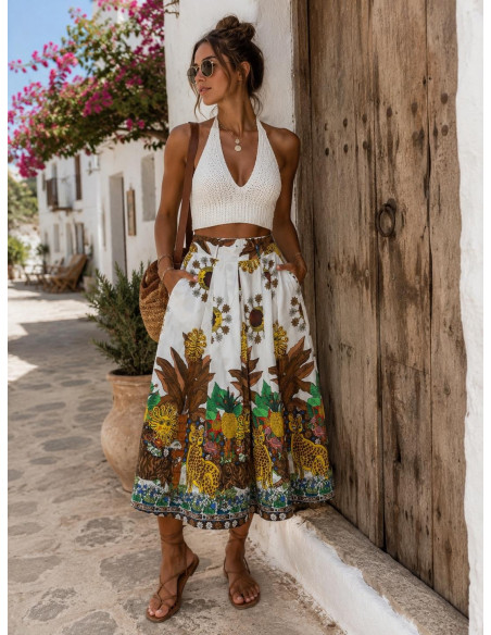 Falda tropical cruda con soles, lunas y palmeras