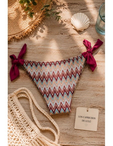 Braga de Bikini Estampado Zigzag con Lazos Granate