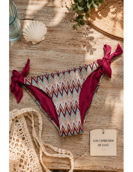 Braga de Bikini Estampado Zigzag con Lazos Granate