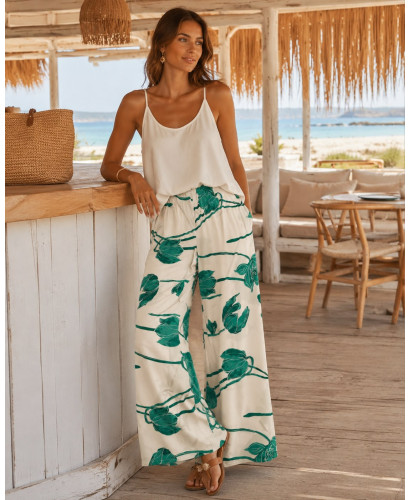 🌟 Pantalón Punto Seda Estampado tonos crudo  y verde
