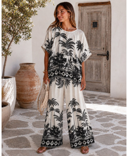 Conjunto tropical de blusón y pantalón crudo y negro