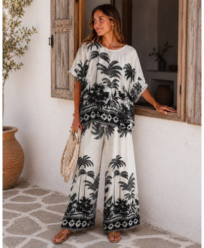 Conjunto tropical de blusón y pantalón crudo y negro 2