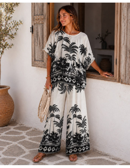 Conjunto tropical de blusón y pantalón crudo y negro