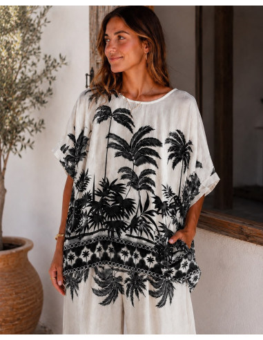 Conjunto tropical de blusón y pantalón crudo y...