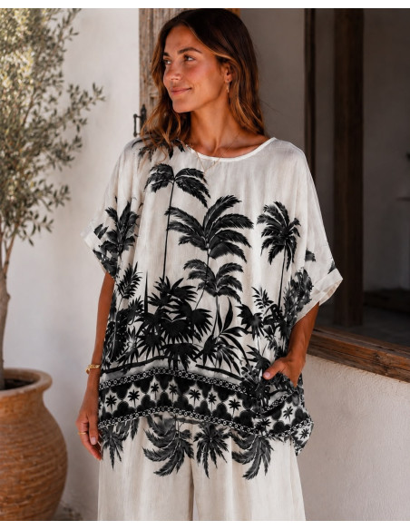 Conjunto tropical de blusón y pantalón crudo y negro