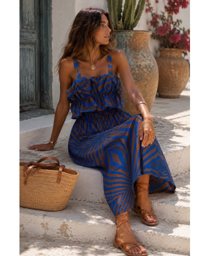 Vestido largo estampado chocolate y azul