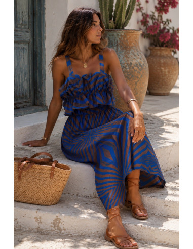 Vestido largo estampado chocolate y azul