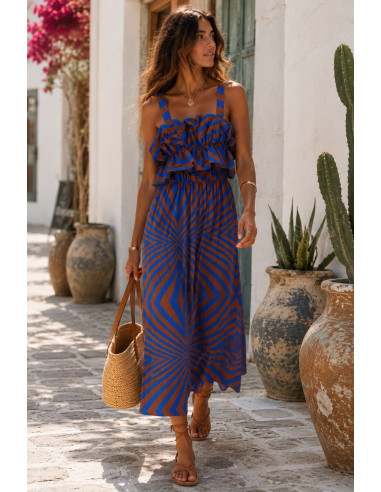 Vestido largo estampado chocolate y azul
