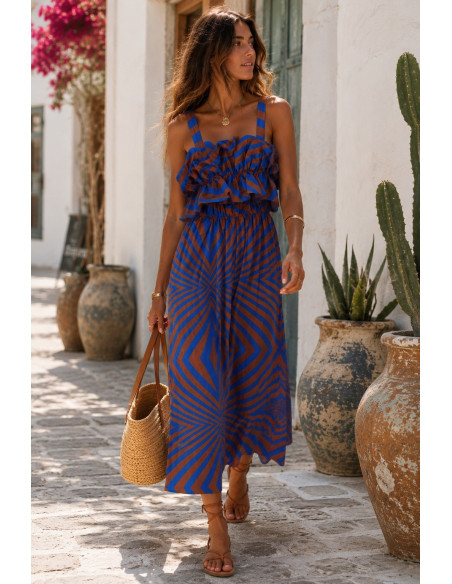 Vestido largo estampado chocolate y azul