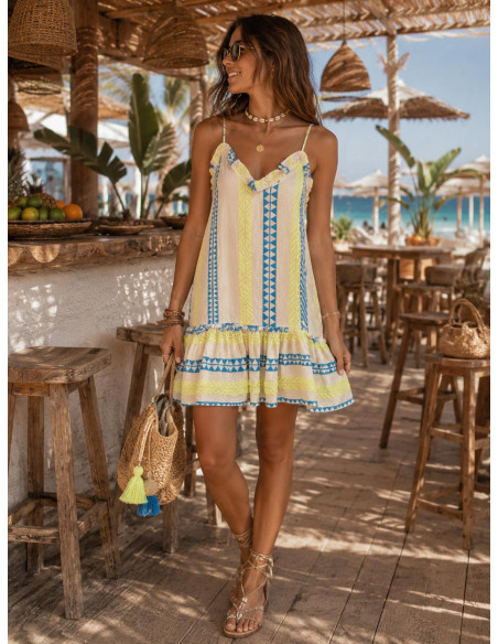 Vestido Corto Étnico flúor con Espalda Descubierta Amarillo y Azul