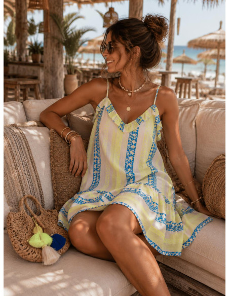 Vestido Corto Étnico flúor con Espalda Descubierta Amarillo y Azul