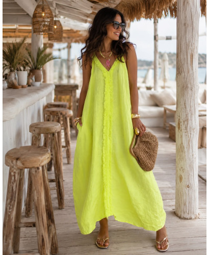 Vestido Largo de Lino Amarillo Flúor con Tirante Regulable