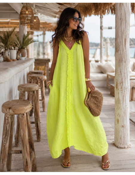 Vestido Largo de Lino Amarillo Flúor con Tirante Regulable