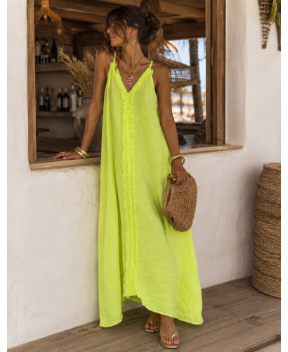 Vestido Largo de Lino Amarillo Flúor con Tirante Regulable 2