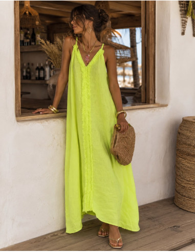 Vestido Largo de Lino Amarillo Flúor con...