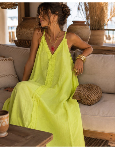 Vestido Largo de Lino Amarillo Flúor con...