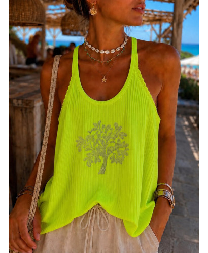 Camiseta Halter Flúor de Canalé con Árbol de la Vida en...