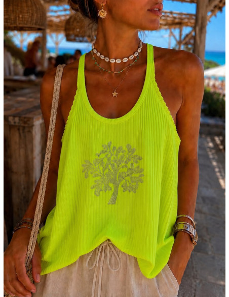 Camiseta Halter Flúor de Canalé con Árbol de la Vida en Strass amarilla