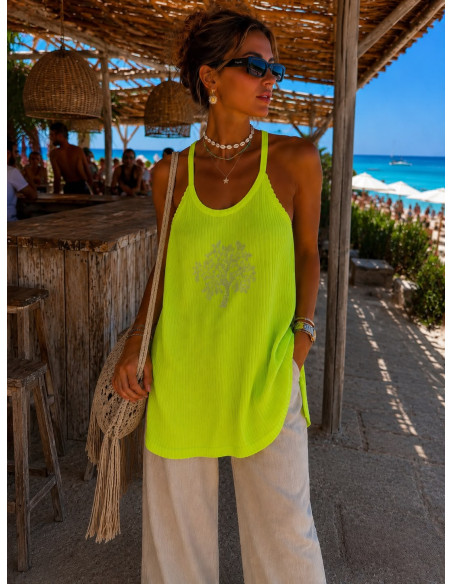 Camiseta Halter Flúor de Canalé con Árbol de la Vida en Strass amarilla