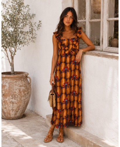 Vestido Largo Estampado  con Volantes tonos calabaza