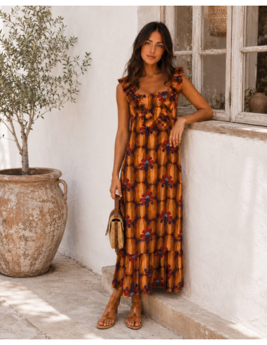 Vestido Largo Estampado  con Volantes tonos...