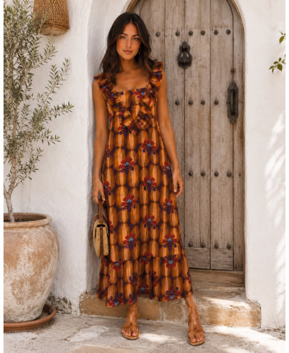 Vestido Largo Estampado  con Volantes tonos calabaza 2