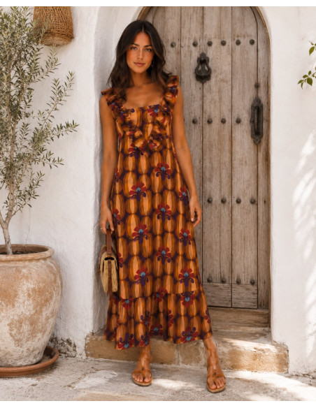 Vestido Largo Estampado  con Volantes tonos calabaza