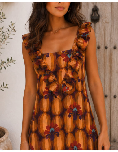 Vestido Largo Estampado  con Volantes tonos...