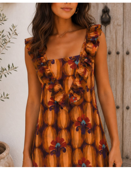 Vestido Largo Estampado  con Volantes tonos calabaza